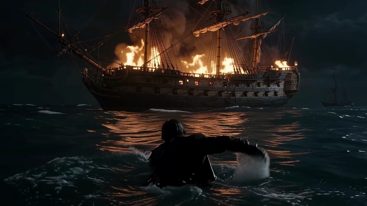 A sailing ship burns on a dark sea in a scene from the trailer.